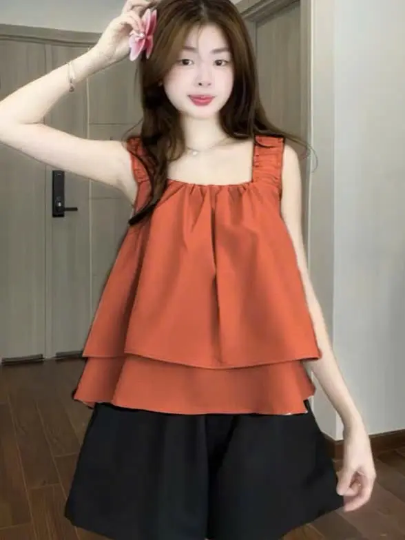 [Size nhỏ]Set Đồ Nữ Mặc Nhà Áo Dây Bản 2 Tầng Quần Đùi Đen Freesize 38-48kg Voi Voan Women