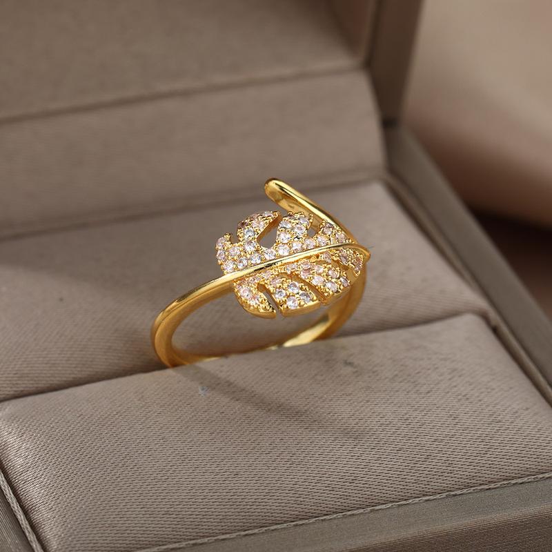 Product Introduction of Fashion Palm Leaf Shape Rings For Women Stainless Steel Gold Color Zircon Adjustable Finger Ring Party Jewelry Gift Bijoux Femme 3