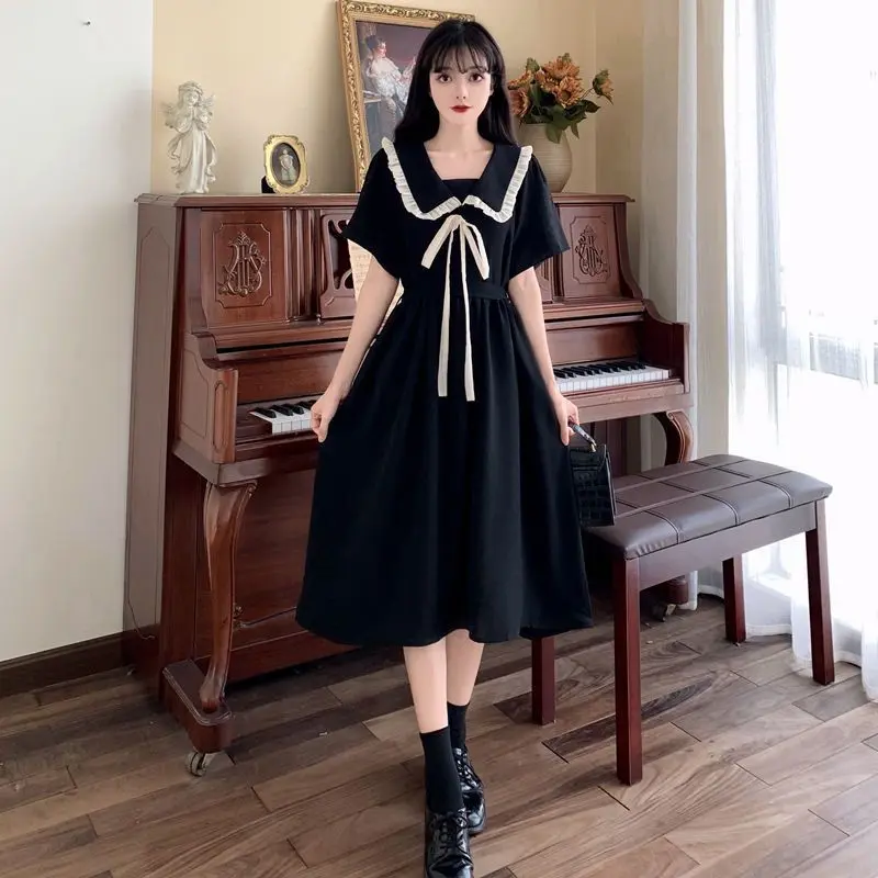 Váy Đen, Hàng Mới Về 2022, Cổ Peter Pan Buộc Dây Phong Cách Preppy Nữ Váy Sữa Ngọt Ngào Váy Pháp Nhẹ Nhàng, Thích Hợp Cho Mùa Hè 2