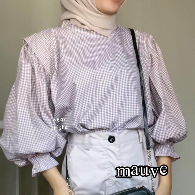 [WEAR PRISHA] ARUNA GINGHAM TOP PUFFY BLOUSE | ATASAN MOTIF TARTAN KOTAK BLUS KATUN LENGAN BALON Katun Baju Wanita Panjang 3
