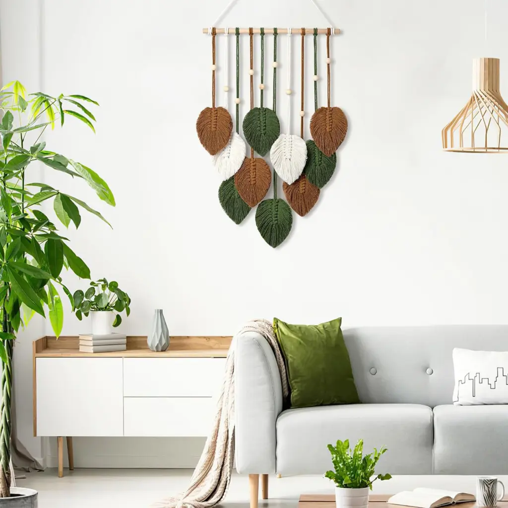 Jaigueei Bohemian Tapestry Leaf Wall Hanging Tapestry Bohemian Style Leaf Shape Tapestry with Wooden Bead Decor Handmade Wall Hanging for Home Dorm Hotel Inspired Decoration