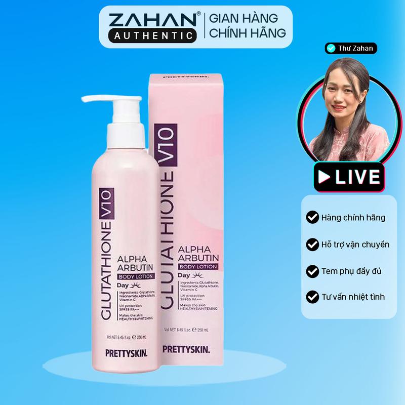  Kem Dưỡng body  ngày  Truyền Trắng+Chống Nắng Body Glutathione V10 Alpha Arbutin Body Lotion Prettyskin 250ml duong  trang 