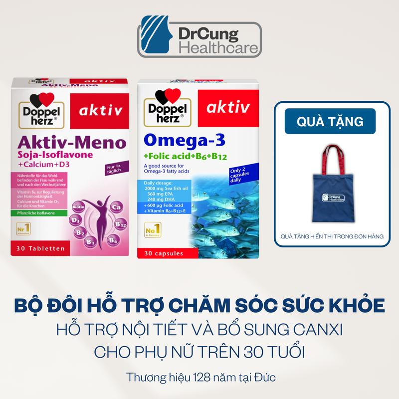 ID1 DOPPEL HERZ Bộ đôi AKTIV MENO hộp 30 viên và OMEGA3 hộp 30 vên thực phẩm hỗ trợ bổ sung dành cho Nữ Từ tuổi 30 trở lên MUA COMBO TẶNG 1 TÚI CANVAS