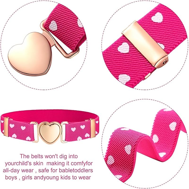 4pcs Girls' Elastic Stretch Belts with Heart Buckle - Casual, Comfortable Waistbands in Blue, Black, and Pink Patterns for Casual Attire 4