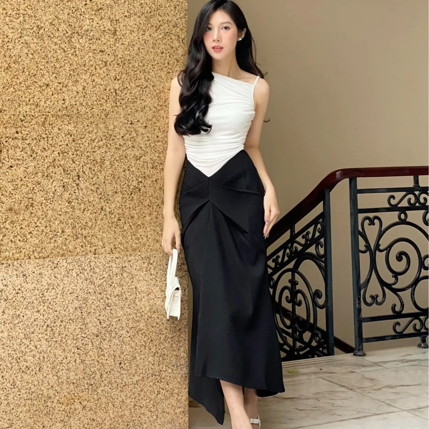 Chân váy midi Maybi ôm tuyết mưa phối xếp ly kiểu Nữ Voi Women Nhung