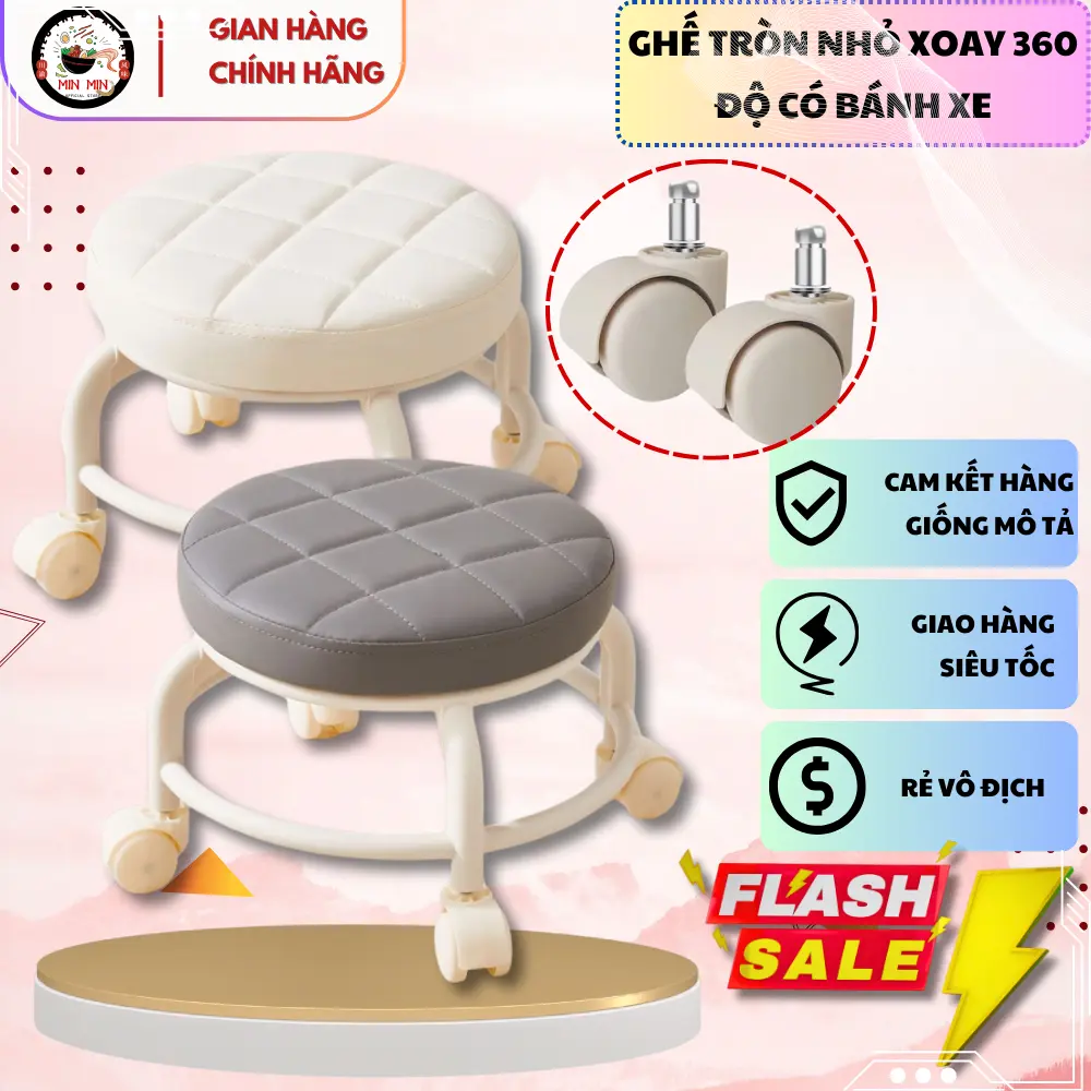 Ghế trẻ em. Ghế tròn xoay bệt có bánh xe đa năng xoay 360 độ, Ghế đẩu đa năng chất liệu da PU êm ái, bản to, Bánh  xe nhựa chân sắt.