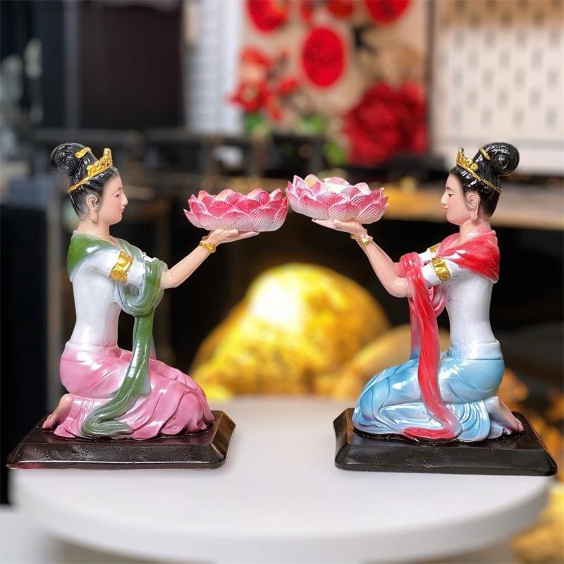 Cặp 2 cô tiên dâng đèn, cô tiên dâng nến đặt bàn thờ Phật, ban thờ gia tiên, thần tài