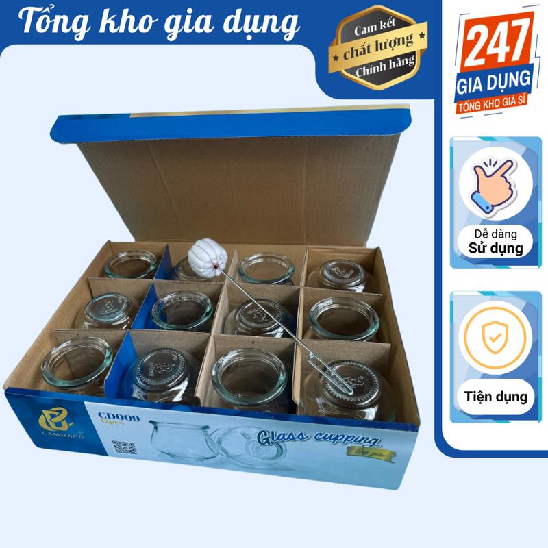 Bộ 12 ống giác hơi thủy tinh Cẩm Đạt, TVP kèm cây đánh lửa