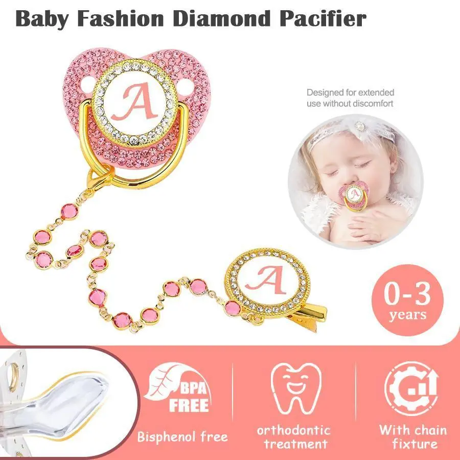 Pink lettering Baby Bite/Pink baby sooth play mouth with diamond/chain clip with dust cover