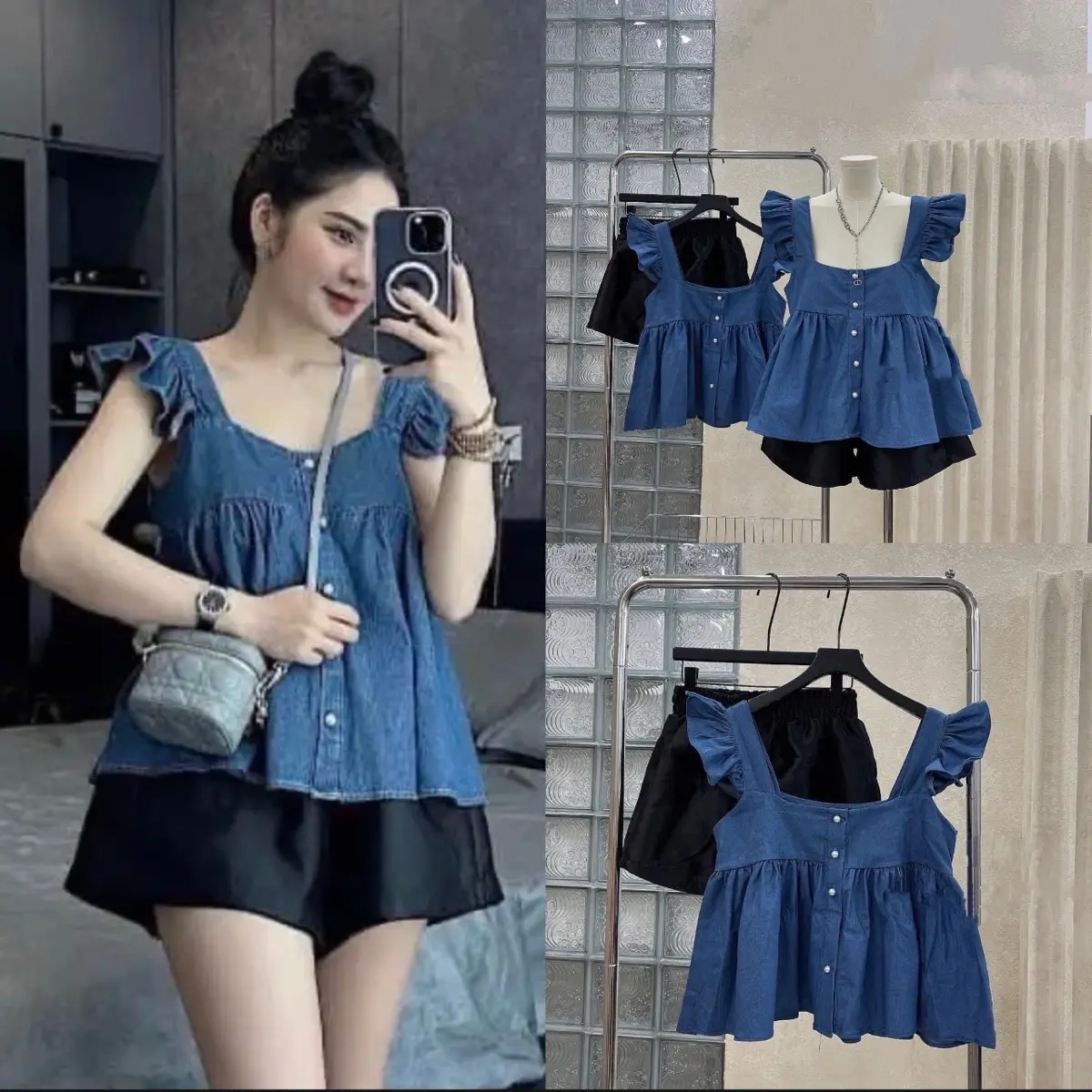 SET BỘ ĐÙI JEAN BIGSIZE 45-90KG FORM BABYDOLL PHỐI TAY CÁNH TIÊN - QUẦN CHẤT LIỆU TƠ LỤA MỀM MỊN (CÓ THỂ GIẶY MÁY) Nữ Nhung Áo Voi Women