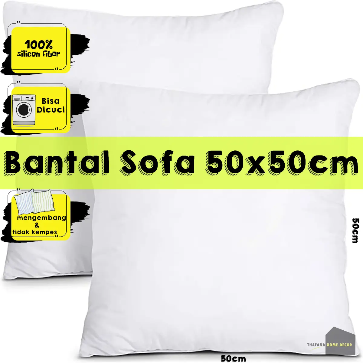 Bantal Sofa Ukuran 50x50 cm - 100% Isi Silicon Grade A - Kain Halus Warna Putih Bersih