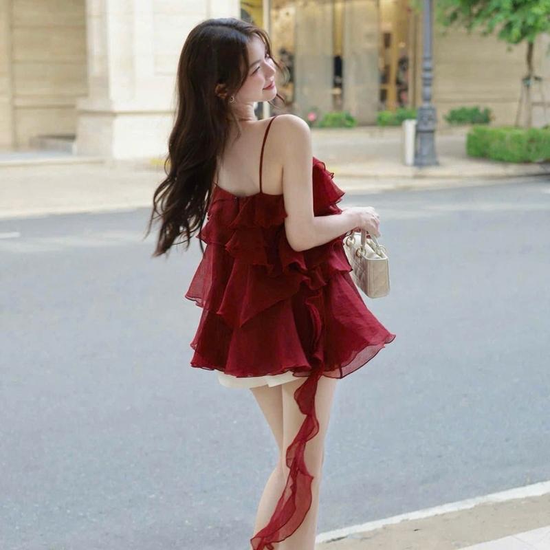 Áo Hai Dây Nhiều Tầng Tơ Óng Form Rộng Rũ, Kèm Charm Hoa, Áo Hai Dây Cho Nữ Màu Đỏ, Xanh Đen 2