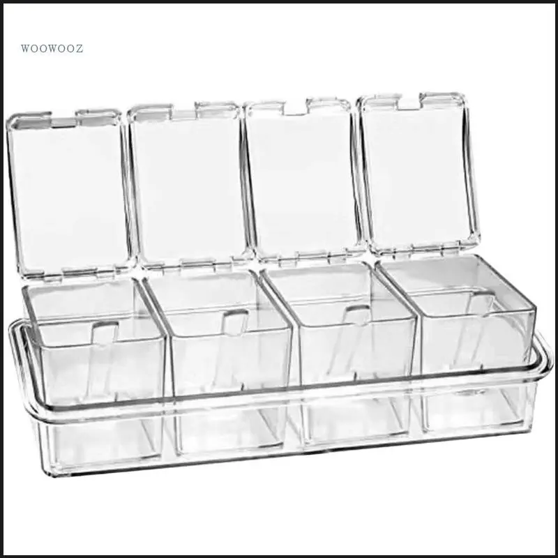 WOOW 4 Grids Condiment Storage Box Transparent Spices Container Condiments Organizer