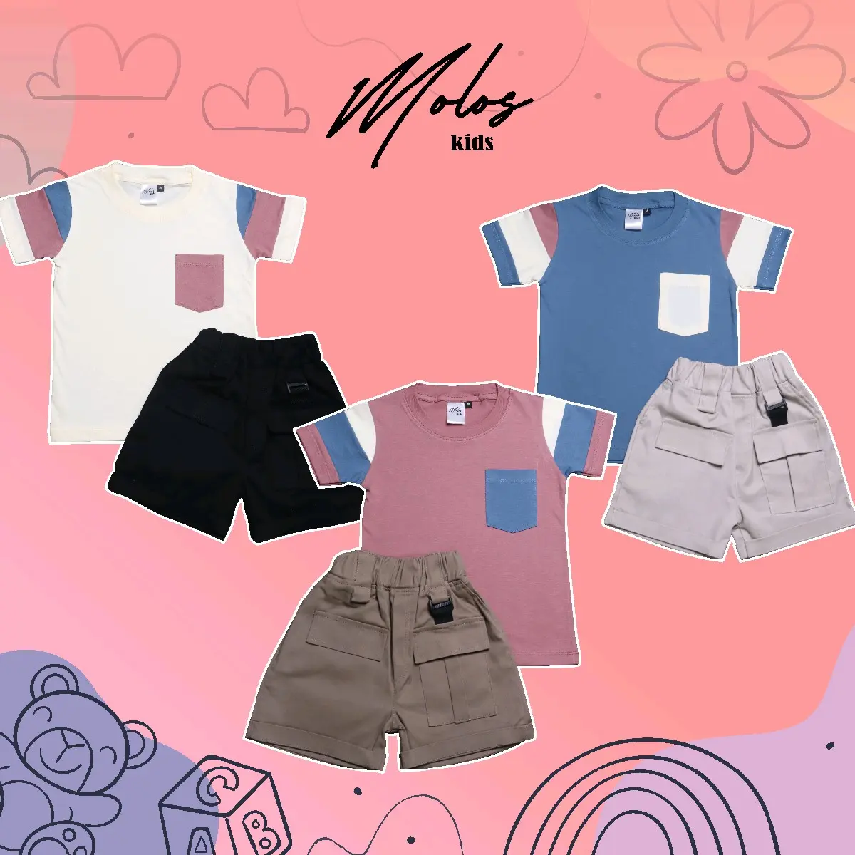 MOLOSKIDS - Setelan anak cargo kaos cotton combed 30s premium kombinasi warna