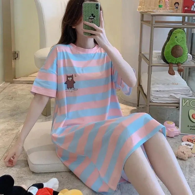 Váy Ngủ Nữ, Dài Trung Bình Qua Đầu Gối, Mặc Nhà Mùa Hè, Thiết Kế Dễ Thương, Mỏng, ngắn Tay, Cỡ Lớn, Dáng Rộng Thích Hợp Cho Bà Bầu, Đồ Ngủ Nữ Mùa Hè