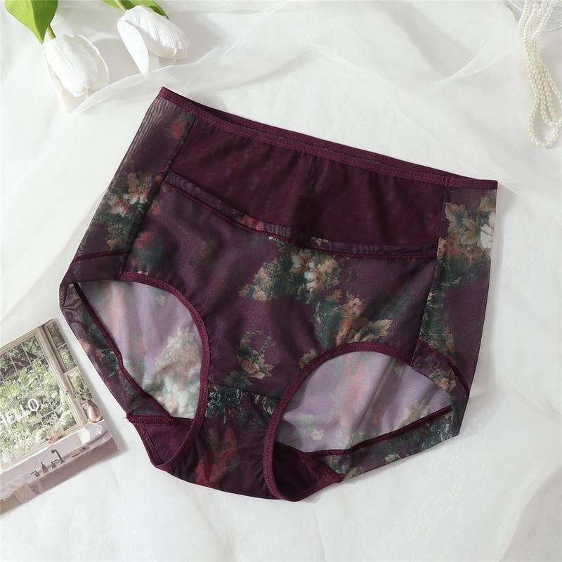 4 Pieces New Mesh Printed Comfortable Breathable Women's Underwear Skin-friendly High Waist Abdominal Pants (1pcs) DDUN 2