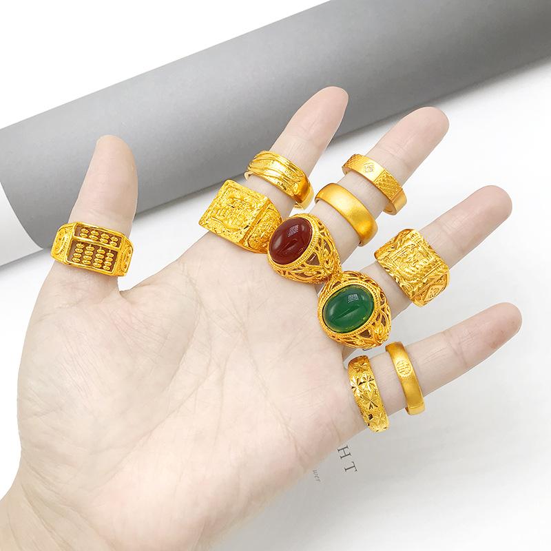 Product Introduction of Vietnam Placer Gold Ring Men's Fufa Fortune Dragon Word Live Mouth Ring Gold Plated Gilded Female Gem Mahjong Couple's Ring 6