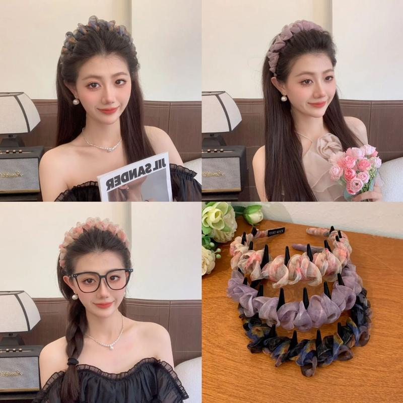 Bờm Tóc Gợn Sóng Lưới Gấp Gọn, Hàng Mới Về, Siêu Thanh Lịch, Dành Cho Nữ, Thích Hợp Cho Mùa Hè, Có Răng, Chống Trượt, Băng Đô Cao, Màu Gradient Đầy Màu Sắc