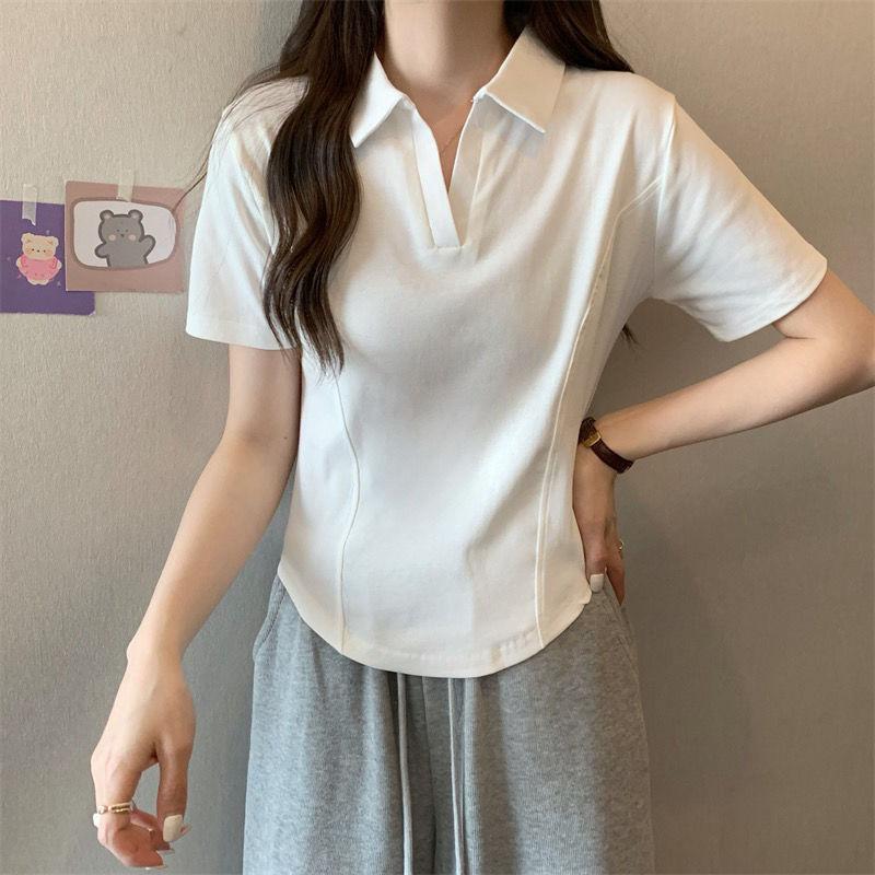 Product Introduction of Summer New Korean Style Polo Collar Solid Color Short-Sleeved Top for Women Slim Casual All-Match T-shirt Women 7