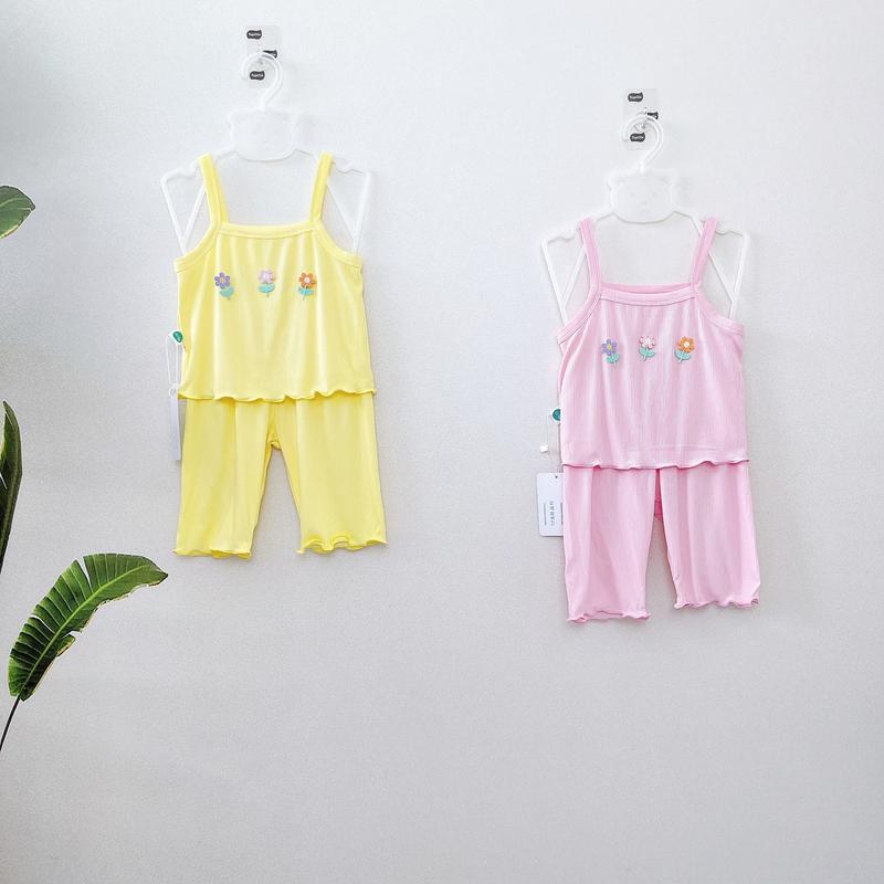  Bộ hai dây bé gái thun tăm lạnh rayon Áo Lá Homewear A159 đồ bộ bé gái hai dây quần lửng đính hoa xinh xắn 