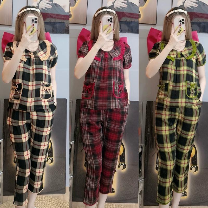 [ Quần 9 tac ]Set đồ bộ mango cổ bèo 2 túi caro phom rộng  mềm mại k nhăn mát Áo Nhung Kem