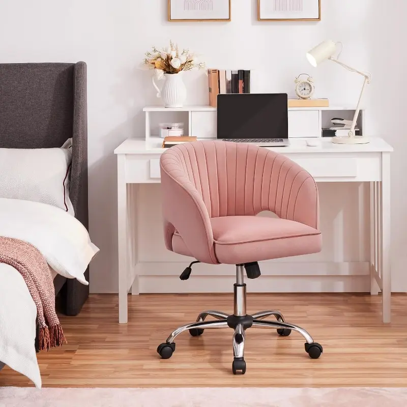 Deluxe Velvet Desk Chair, Makeup Vanity Chair with Tufted Barrel Back Adjustable Velvet Accent Armchair Swivel Office Chair for Home Office Pink 1