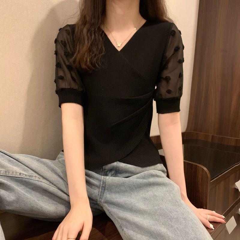 Product Introduction of Áo Thun Thiết Kế Voan Dáng Ôm, Knatwear, Cổ Chữ V, Ngắn, Dành Cho Nữ, Màu Đỏ Ngủ, Quần Áo Nữ 19