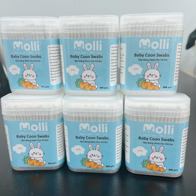 [Set 3 Hộp] Tăm Bông Ngoáy Tai Cho Bé Hai Đầu Molli Hộp 200 Que Thân Giấy