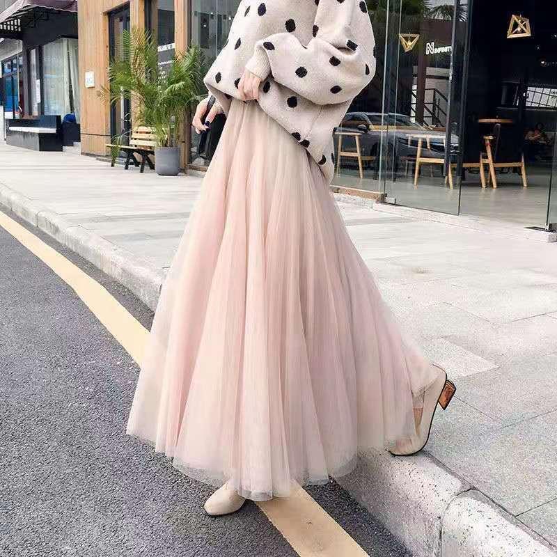 Product Introduction of Váy Lưới, Dành Cho Nữ, Mùa Xuân Mới, xòe Lớn, Váy Gạc chữ A, Dài Trung Bình Váy Cổ Tích Bong Bóng Cạp Cao Xếp Ly Hàn Quốc Women Khuy 1