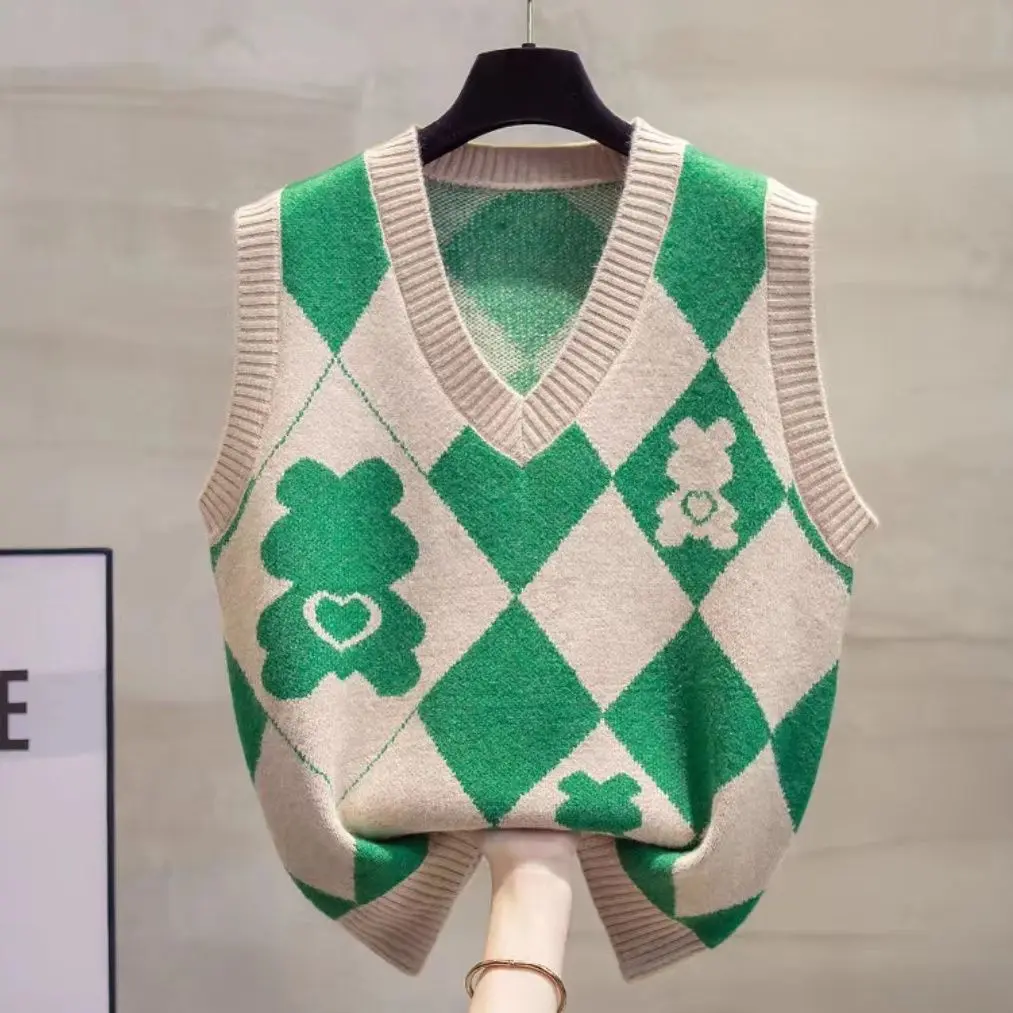 Áo Vest Dệt Kim, Cổ Chữ V, Kim Cương, Dành Cho Nữ, Hàng Mới Về Mùa Thu 2024, Dáng Rộng Rãi Và Dễ Thương, Váy Băng Quấn Áo Vest Len, Quần Áo Nữ Hợp Xu hướng Top Women