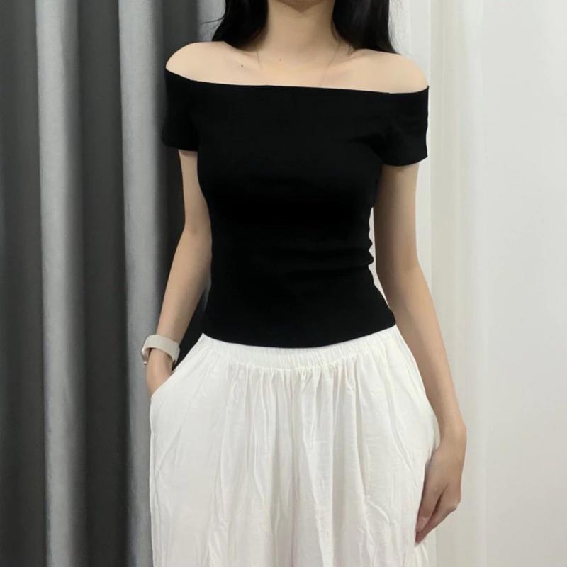 Áo trễ vai cộc tay body cotton co giãn A55 basic. 1