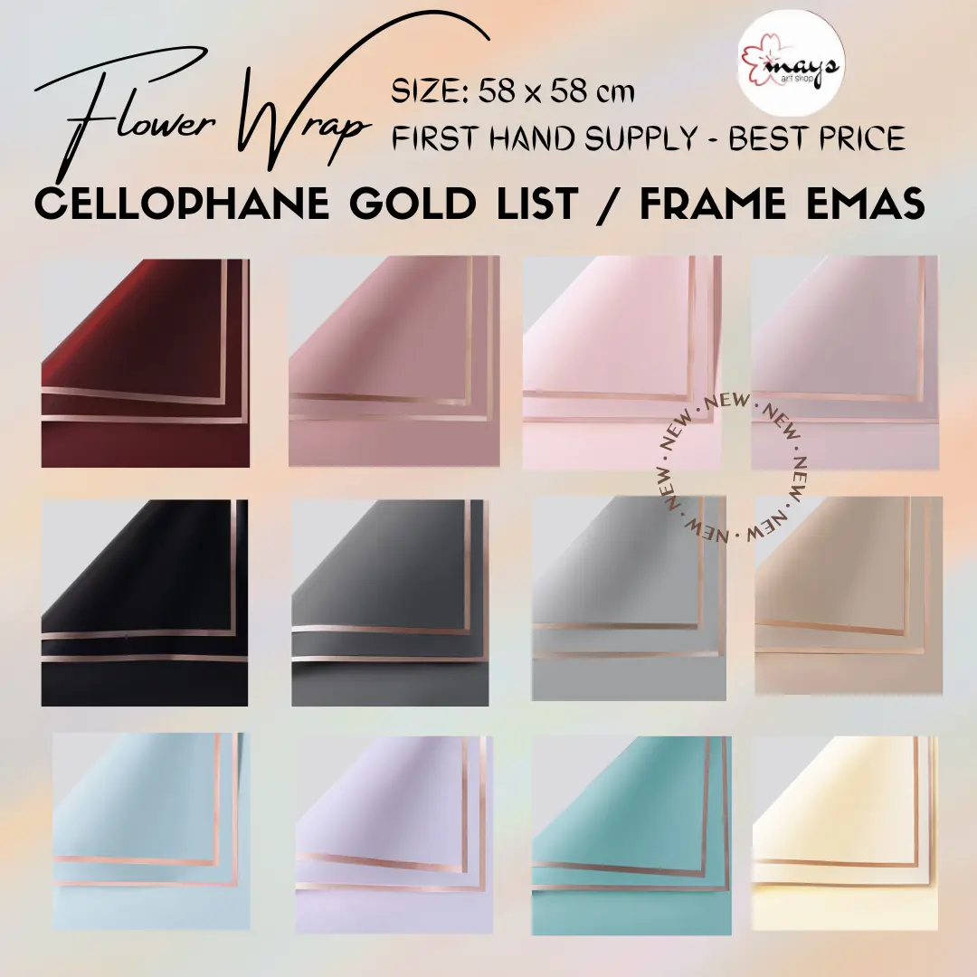 [Ecer Premium Quality] Kertas Flower Wrapping - Flower Wrap Paper Cellophane Lembaran Gold List Line Frame Emas Satuan Ecer - Bungkus Bucket Buket Bunga Bouquet Florist Waterproof Korea Style 58 x 58 cm Murah