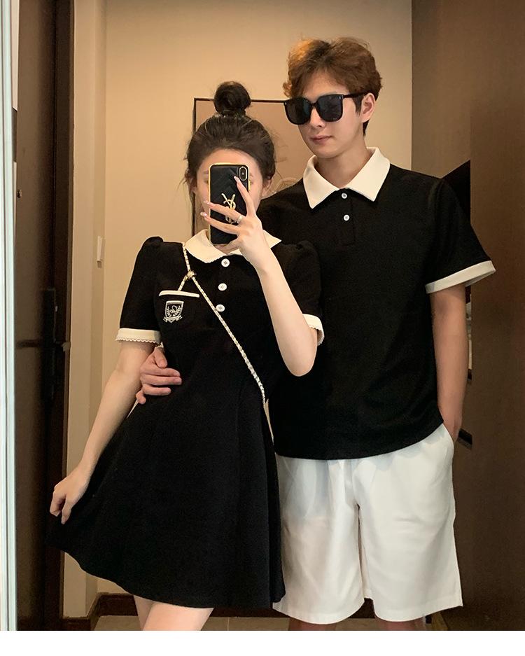 Product Introduction of Couple's outfit 2025 short sleeved lapel T-shirt, home women's waist collection, college style dress, one piece, one skirt, oversized size Womenswear Clothing 13