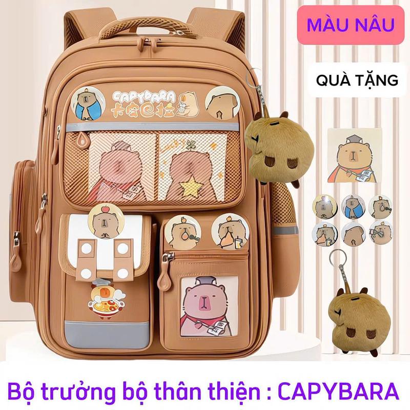 Balo chống gù CAPYBARA tặng kèm 1 móc khoá bông , 3 bức tranh và 6 ghim cài . Dành cho các bạn từ lớp 1 - lớp 7 , siêu nhẹ 600gram