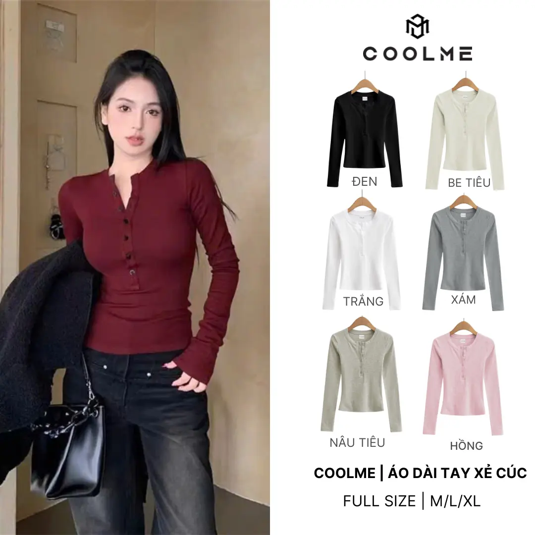 Áo thun dài tay xẻ cúc chất thun gân Hàn dày mịn co giãn lót cotton Coolme Nữ Top