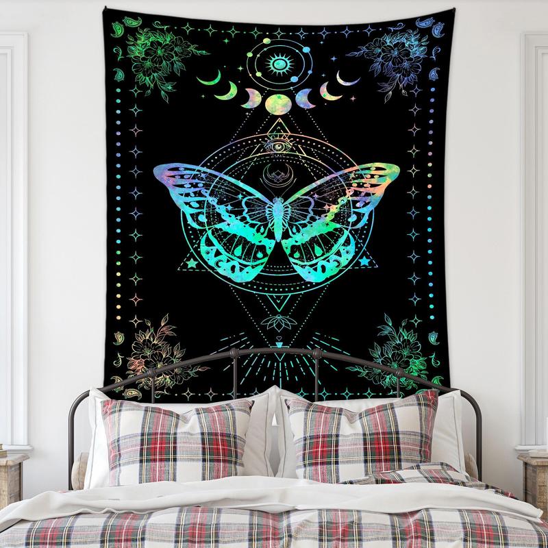1 Count Dreamy Butterfly & Flowers Pattern Throw Blanket, Boho Moon & Butterfly Tapestry, Wall Hanging Decor for Home Bedroom Living Room 2