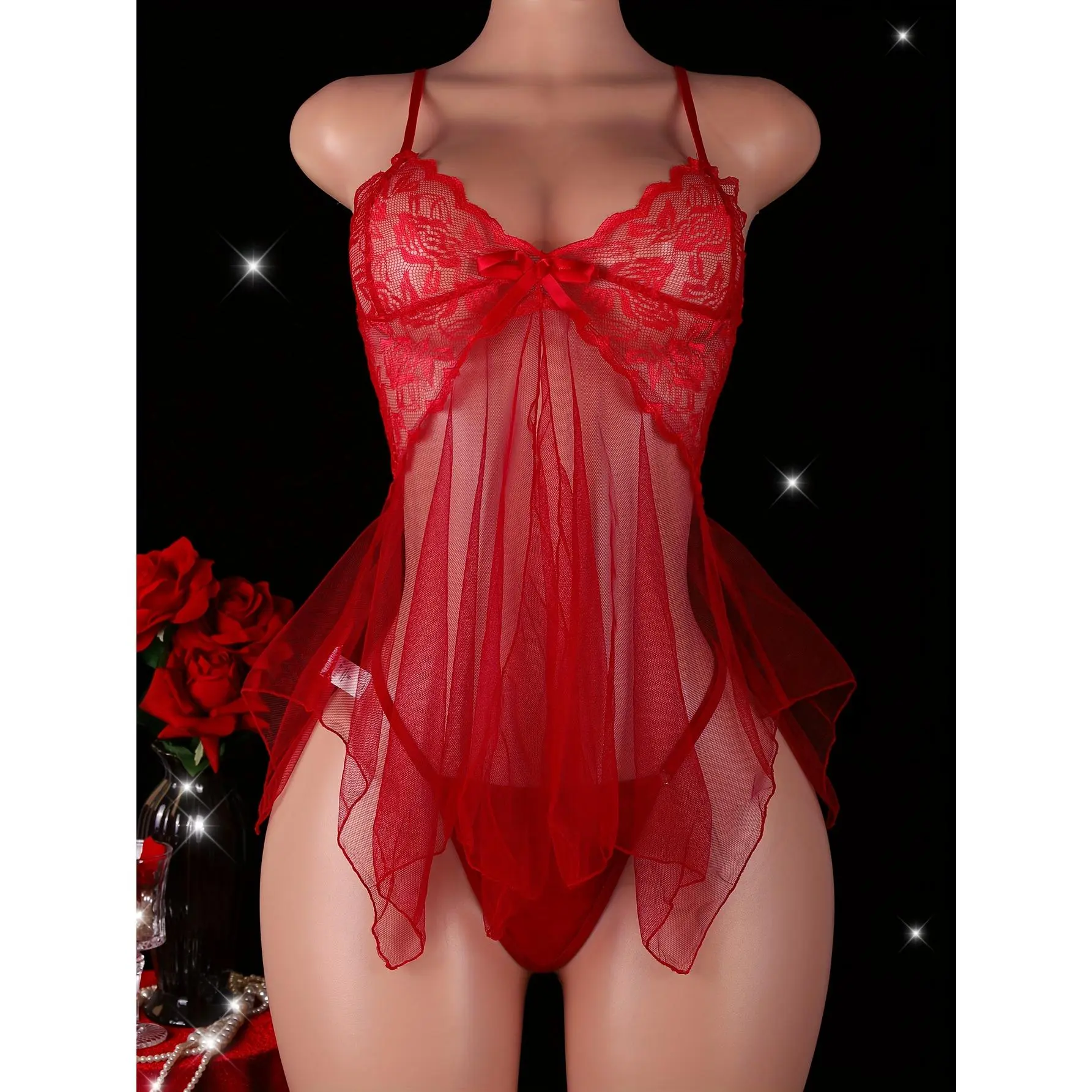 1 Set of Sexy Women's Sheer Mesh Clothing + Thong, Ultra Short See-through  Slit Clothing