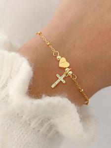 Pulsera de Dijes con Diseño de Corazón con Cruz y Letras, Joyería de Acero Inoxidable para Mujeres para Decoración de Fiesta, Joyería Exquisita y Combinable con Todo para Regalo de Cumpleaños