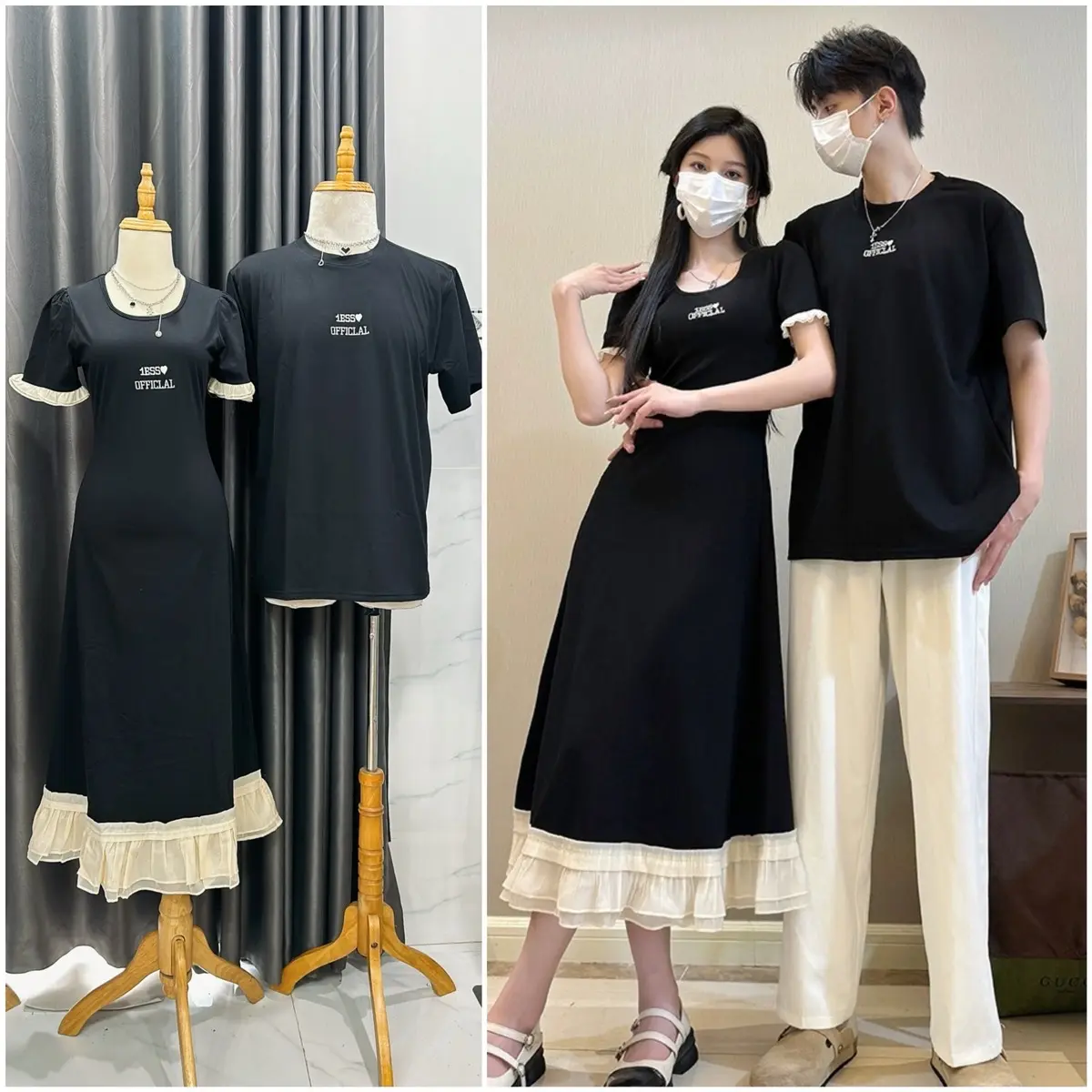 Áo váy cặp đôi thun đen maxi chữ thêu trắng phối viền váy xinh xắn - FOREVER COUPLE