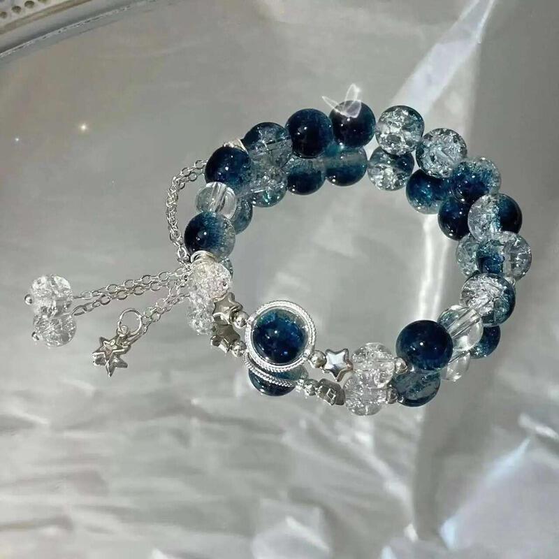 Product Introduction of Niche Design Star Chain Tassel for Women sy Blue Crystal Beads Elastic Rope Bracelet Best Friend Jewelry Gifts 3