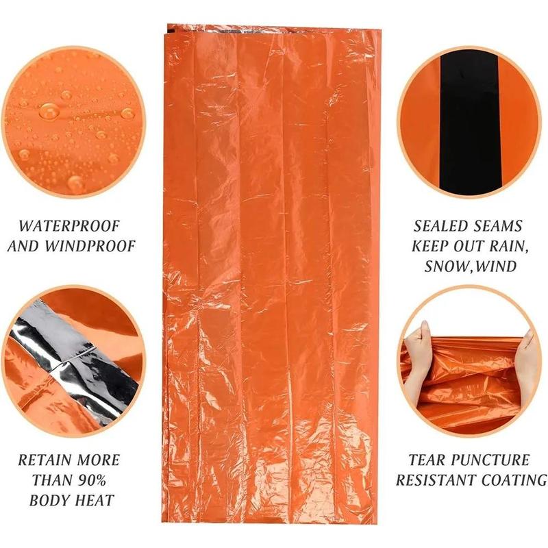 Orange Sleeping Bag with Whistle, 2 Counts Waterproof Windproof Winter Hiking Camping Tactical Blanket, Outdoor Emergency Sleeping Bag 5