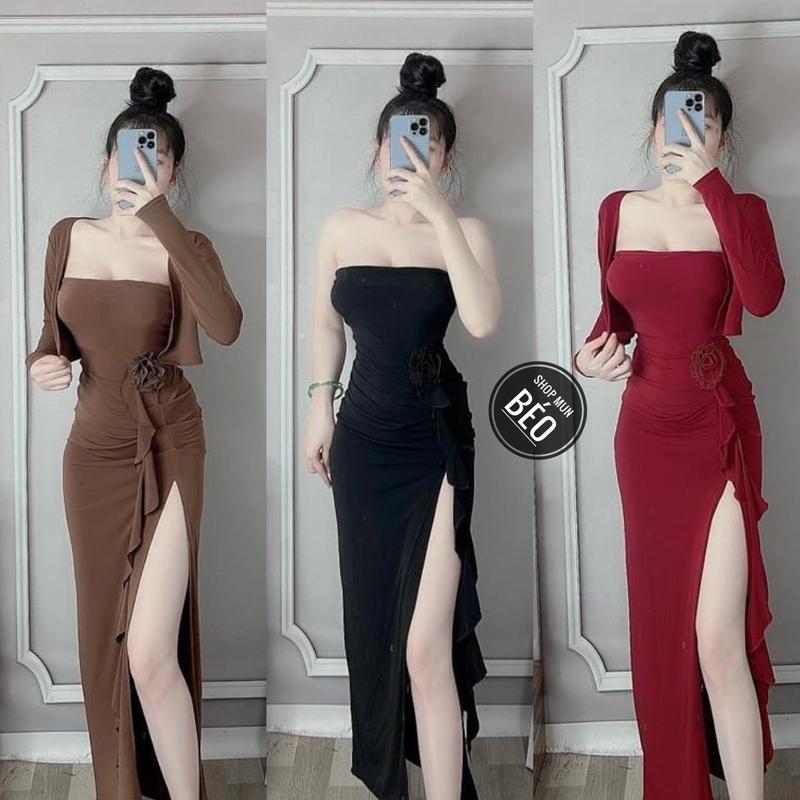 Set đầm ống có mút đính hoa xẻ đùi kèm áo khoác chất thun lazzon co giãn thích hợp mặc đi tiệc đi làm đi chơi set  dothudong Nữ
