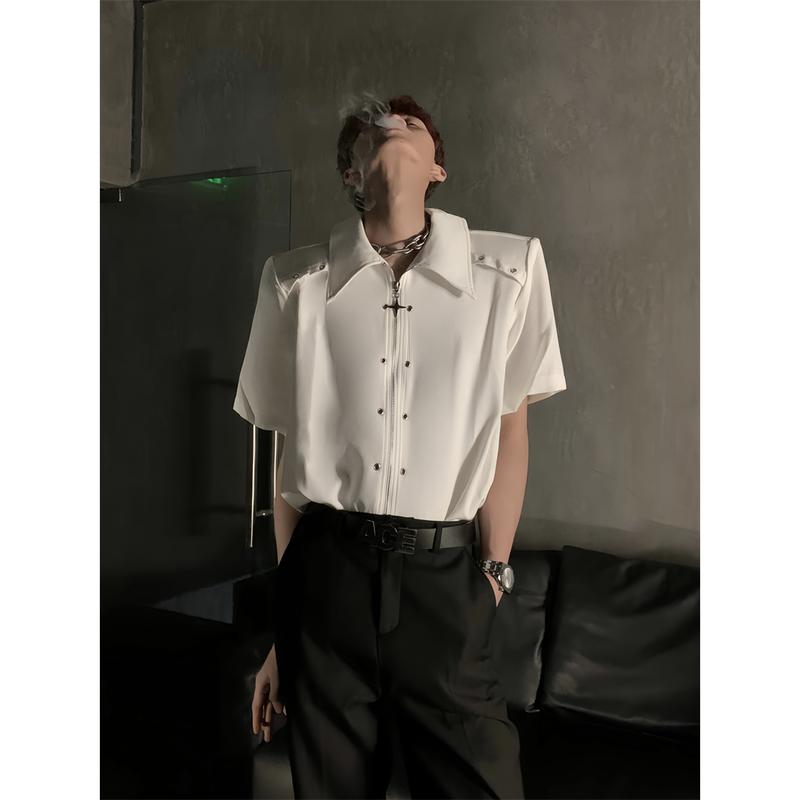 Áo Sơ Mi Đệm Vai Thiết Kế Rách Hủy Diệt Kim Loại Độc Đáo Mùa Hè, Unisex, Cao Cấp, Ngầu, Dáng Rộng, Có Khóa Kéo, Áo Sơ Mi ngắn Tay Thời Trang Nam a osom it rung nien xl áo dáng rộng áo sơ mi sominambig size thời trang hàn quốc thường áo sơ mi đa dạng ông