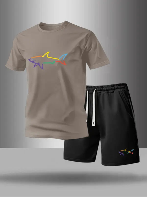 Men's Graphic Print Tee & Drawstring Waist Shorts Set, Casual Round Neck Short Sleeve T-shirt & Pocket Track Shorts, Men's Two-piece Outfits for Summer 8