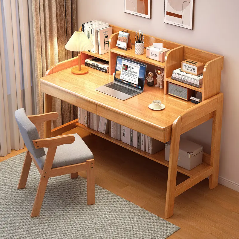 {Sg Sales} Study Table with Bookshelf with Bookcase All Solid Wood Table Desk Bookshelf Integrated Table Home Bedroom Students Learning Writing Computer Table and Chair Set