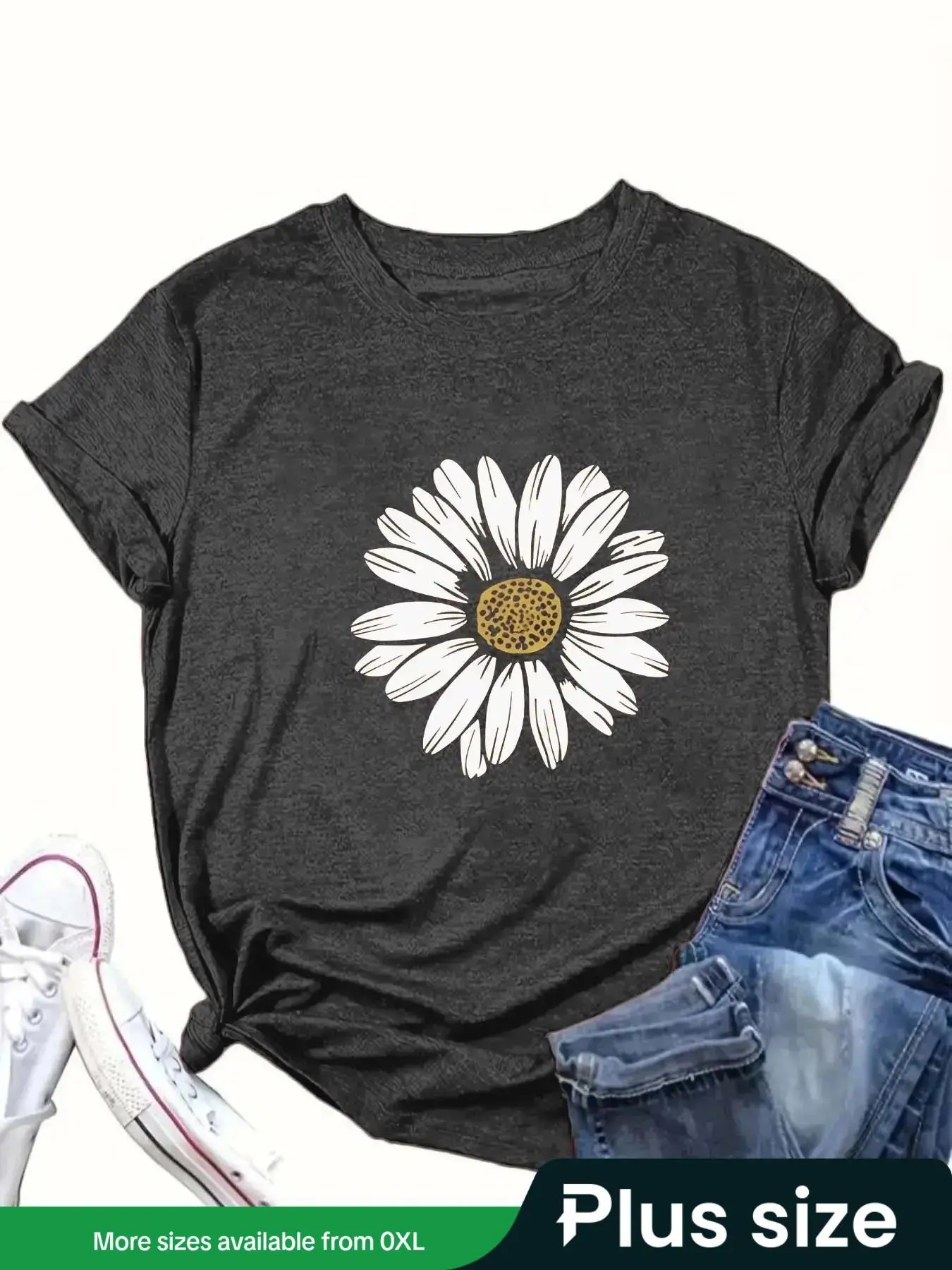 【Plus Size】 Daisy Print Round Neck Tee, Casual Graphic Short Sleeve Crew Neck T-shirt for Summer, Women's Plus Clothing for Daily Wear, Summer Tops