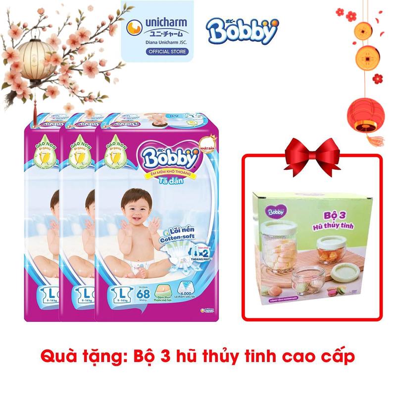 [COMBO 3-TẶNG BỘ 3 HŨ THỦY TINH] Bobby Tã dán lõi nén cotton-soft L68