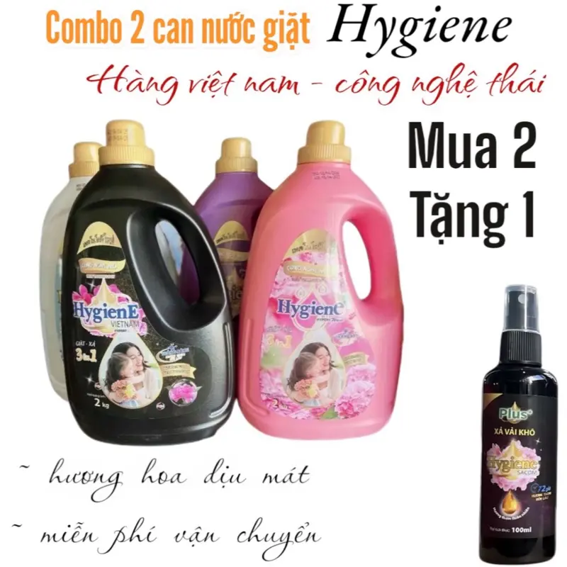 ￼(Trợ giá)tặng2 xịt thơm đồ Combo 4 can Nước giặt Hygiene SACOM Việt Nam sản xuất 3in1, 2 ký/can, SX Công nghệ Thái Lan Làm Sạch