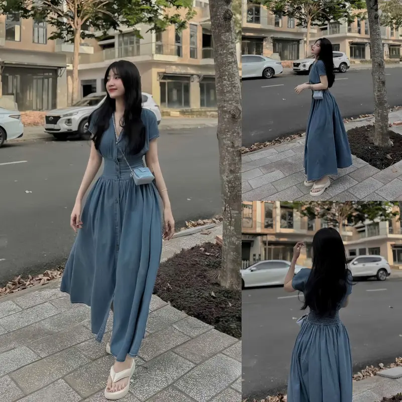 Đầm Nữ Xòe Maxi Dự Tiệc Jean QC cổ V Tay Ngắn Nút Gài Tôn Dáng Nữ Tính Dịu Dàng Thanh Lịch Sang Trọng Dễ Thương  - Free Size - Women, Top 2