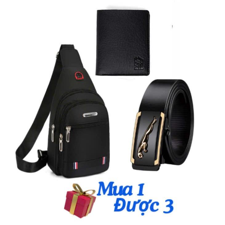 Combo Bộ 3 Túi Đeo Chéo Thời Trang Unisex Có Lỗ Sạc, Lỗ Tai Nghe+ Thắt Lưng Da Khóa Tự Động+ Ví Da Nam Dáng Đứng Cheomoi Bag Nhiều Ngăn